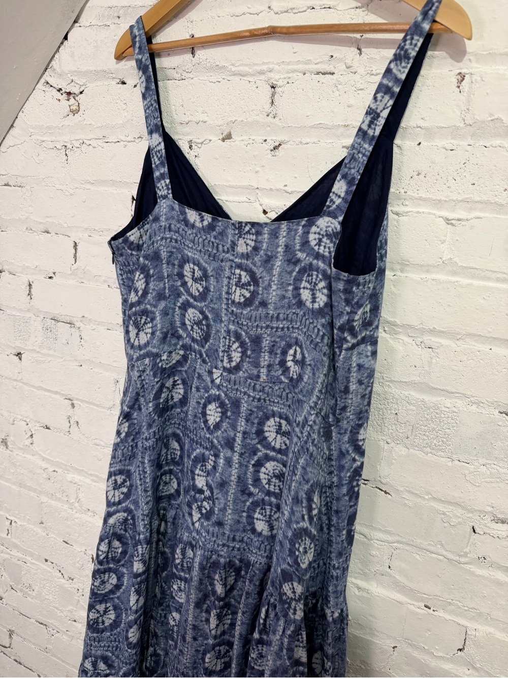 Ralph Lauren Linen Geo Print Maxi Dress Blue White Tiered A-Line Tie Die Size 12 - Picture 8 of 12